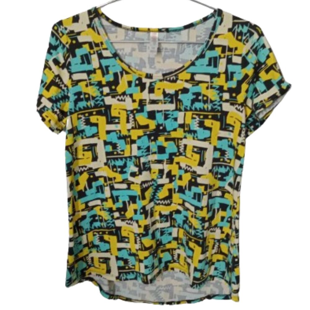 LuLaRoe Aqua + Yellow Geometric Print Top Size Small